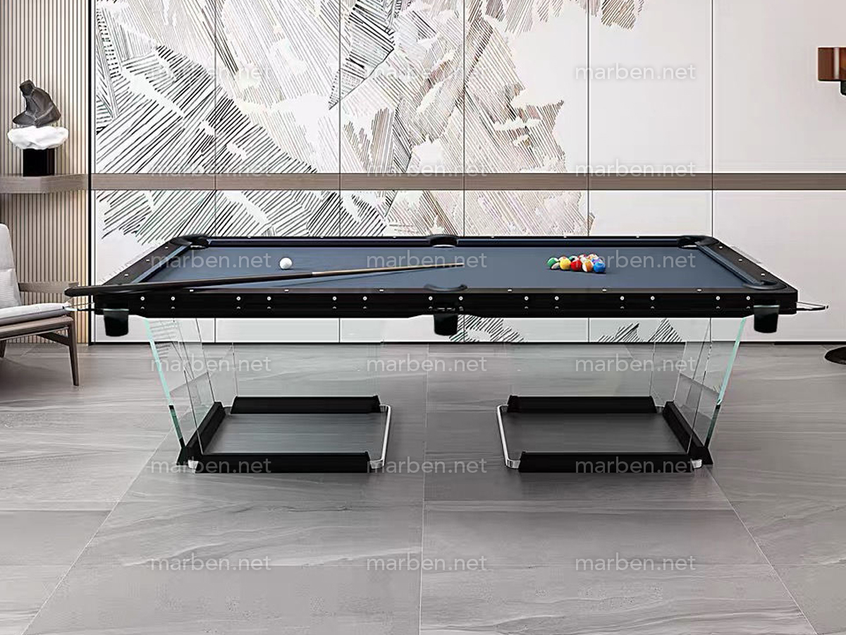 MESA DE BILLAR LUXURY GLASS2,  DE CRISTAL TEMPLADO ESTRUCTURA DE ACERO INOXIDABLE, 7FT ó 8FT